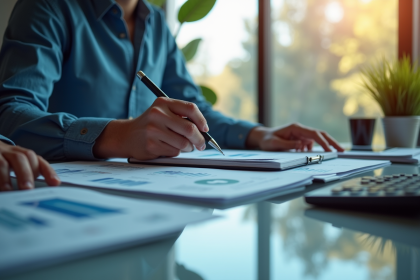 Professionnel analysant des graphiques financiers sur un bureau lumineux