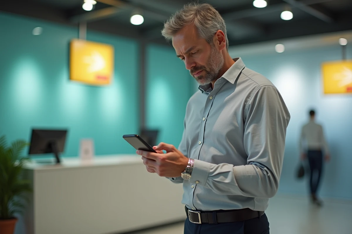Homme utilisant l'application mobile La Poste Banque avec authentification à deux facteurs dans une agence
