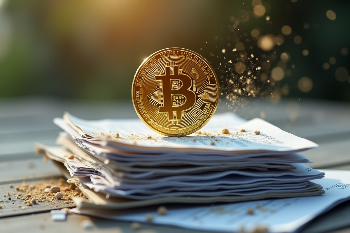 Bitcoin doré équilibrant sur des documents financiers en déclin