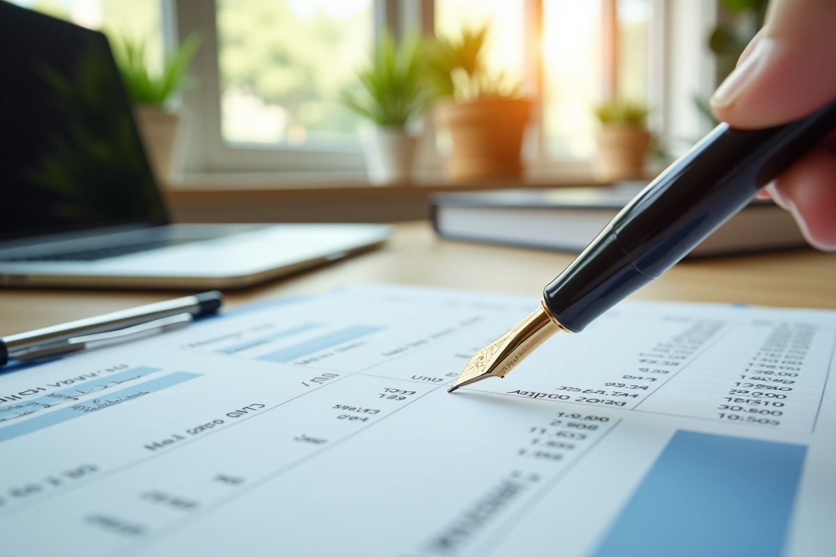 Relevé de compte imprimé avec stylo dans un bureau lumineux
