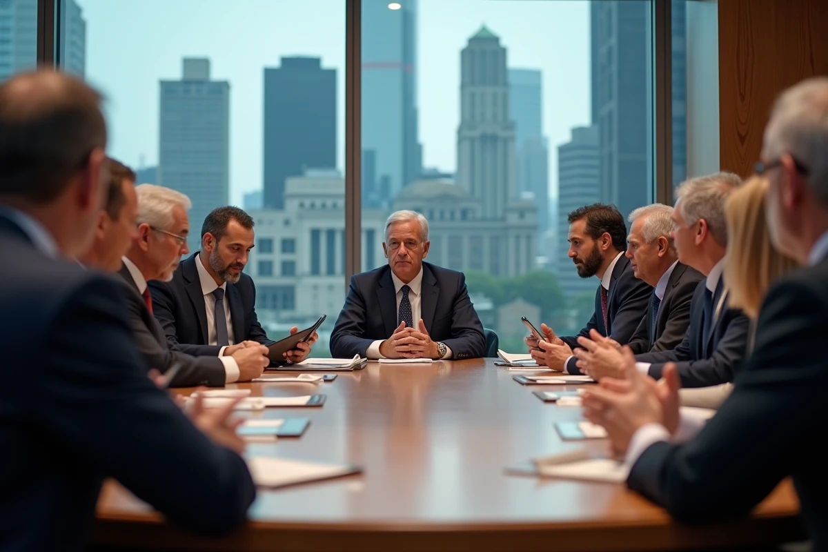 Conseil municipal en discussion animée dans une salle moderne