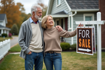 Couple regardant une maison à vendre devant une maison de banlieue