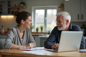 Femme d'âge moyen et homme âgé discutant à la cuisine