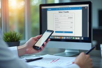 Main tenant un smartphone devant un formulaire bancaire en ligne