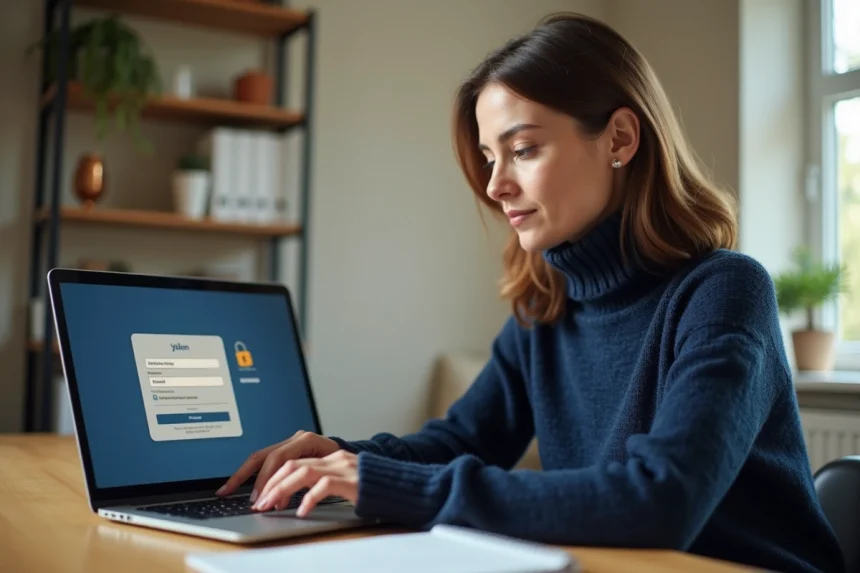 Femme consultant son espace client La Poste Banque sur un ordinateur portable avec interface de connexion sécurisée