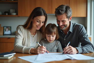 Famille avec documents financiers à la maison