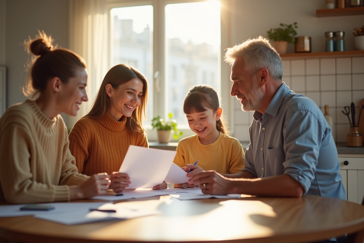 Famille souriante à la cuisine avec documents et sécurité