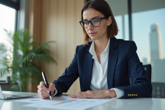 Femme d'affaires concentrée dans son bureau moderne