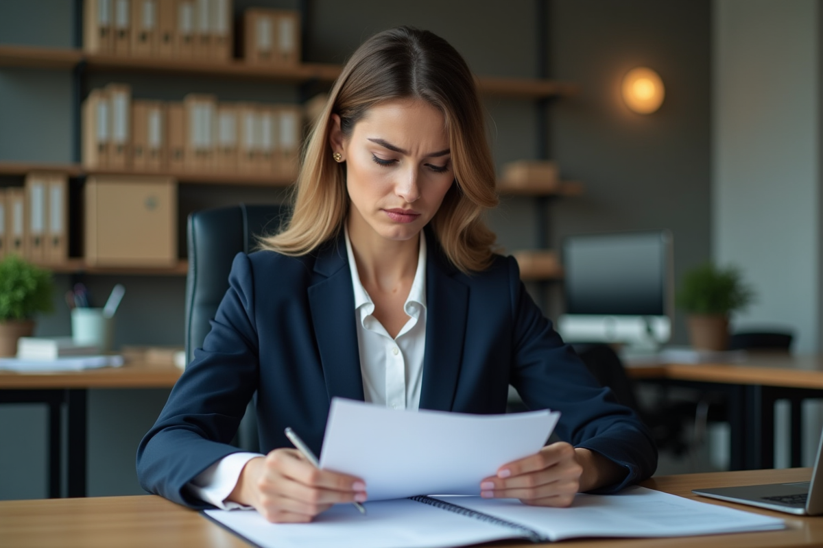 Femme d'affaires en costume bleu examine des documents