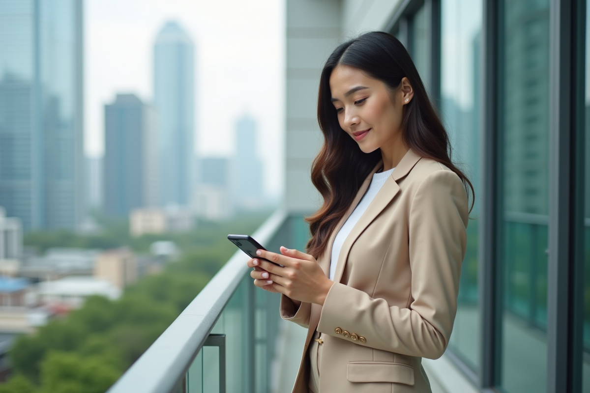 Femme confiante avec smartphone dans un balcon urbain
