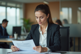 Femme d affaires lisant des documents bancaires dans un bureau moderne