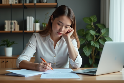 Femme en bureau moderne examinant des documents
