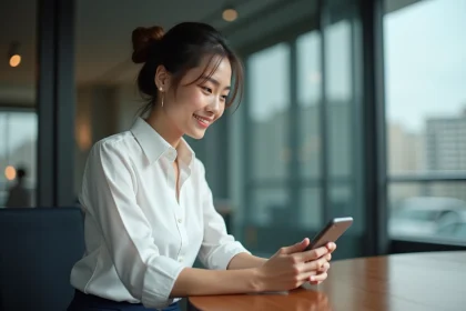 Jeune femme au bureau regardant son smartphone