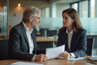 Femme d affaires discutant avec un banquier dans une agence bancaire