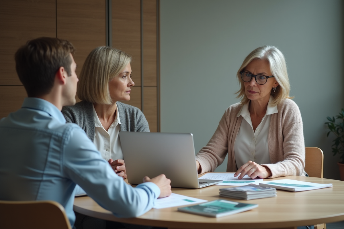 Femme rencontre un conseiller retraite dans une salle calme