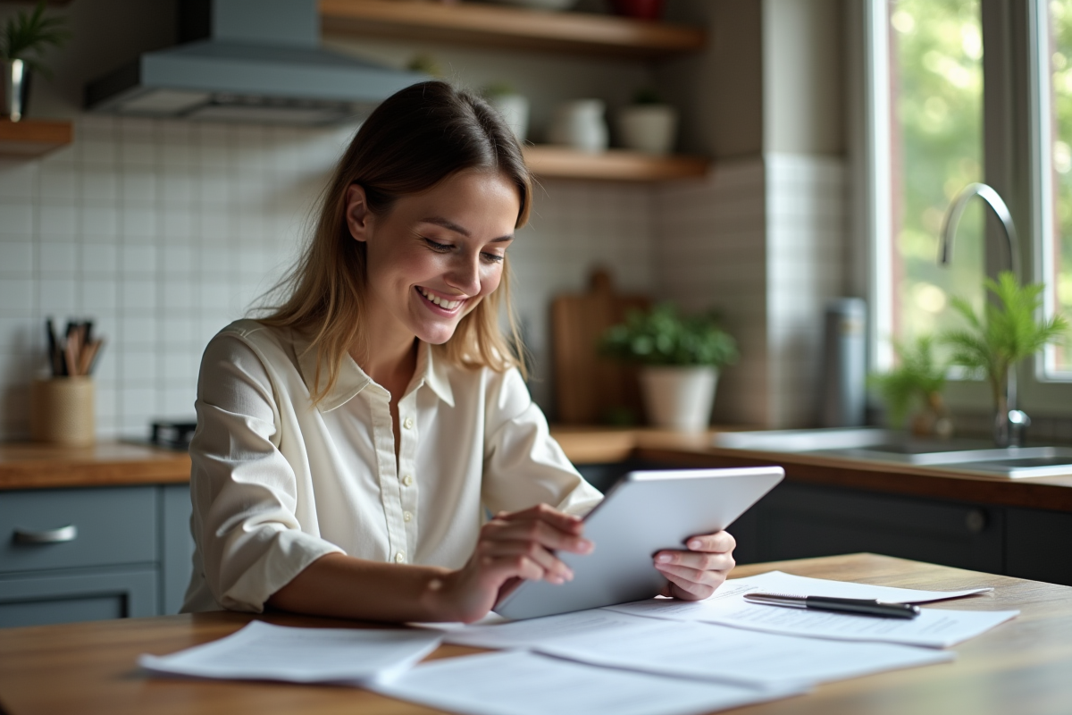 Jeune femme examinant des documents immobiliers à la maison