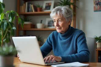 Femme d'âge moyen dans un bureau chaleureux avec ordinateur