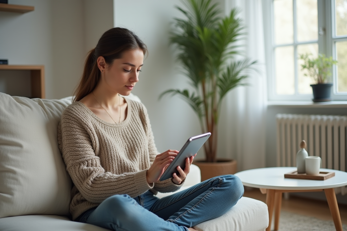 Femme regardant des applications crypto sur une tablette