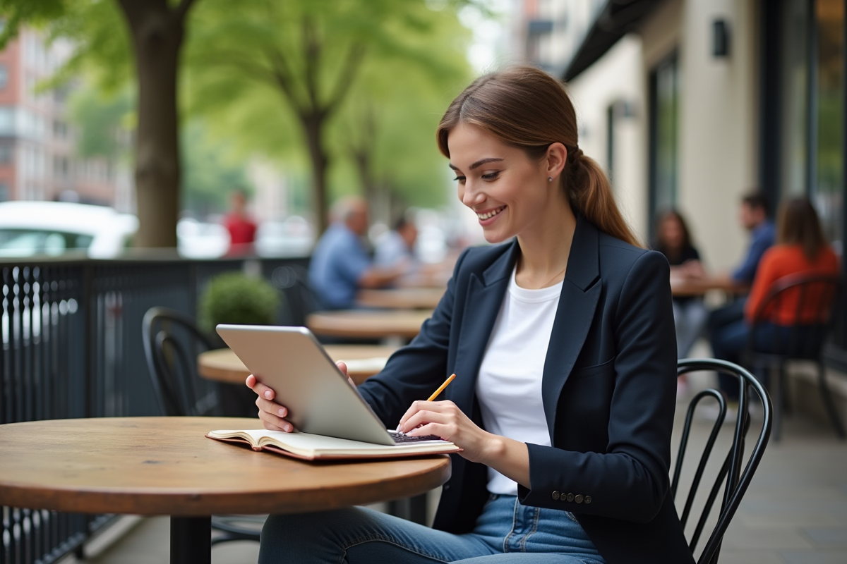 Jeune femme en tenue décontractée comparant des données sur une tablette