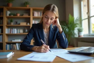 Femme d'affaires remplissant des documents fiscaux à domicile
