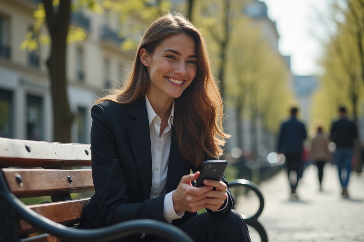 Femme française assise dans un parc avec smartphone