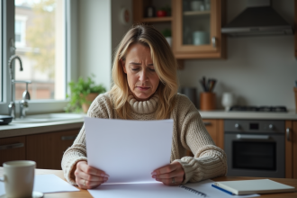 Femme d'âge moyen lisant des documents dans la cuisine