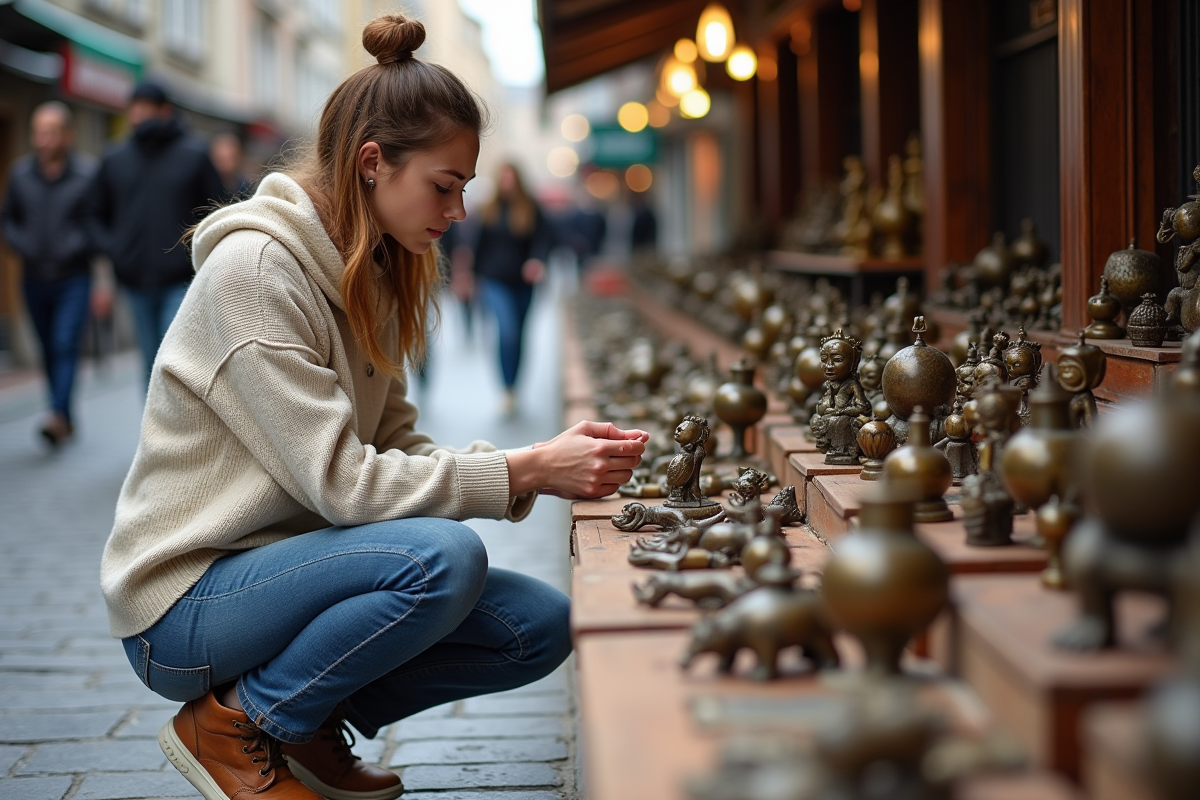 Jeune femme inspectant des objets en bronze sur un marché urbain