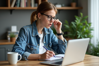 Jeune femme concentrée sur ses chiffres dans une cuisine moderne