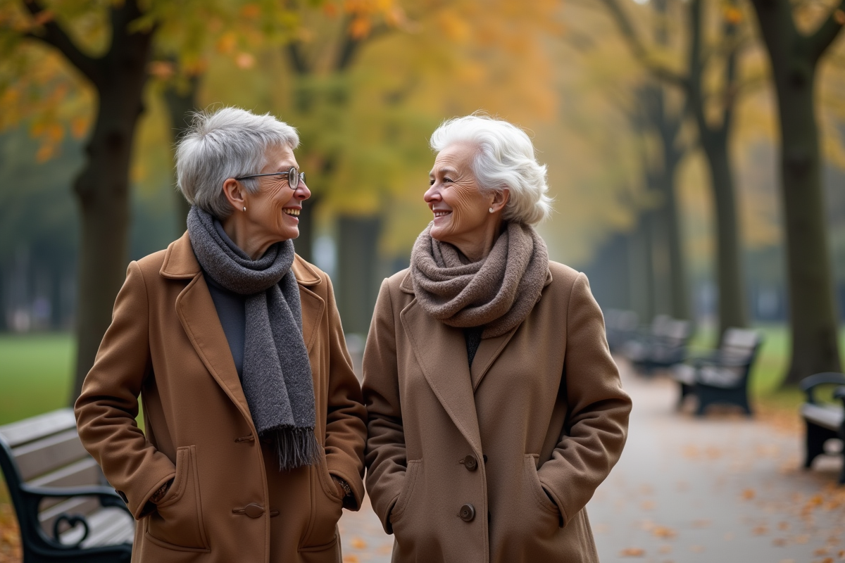 Femme de 60 ans souriante en promenade dans un parc