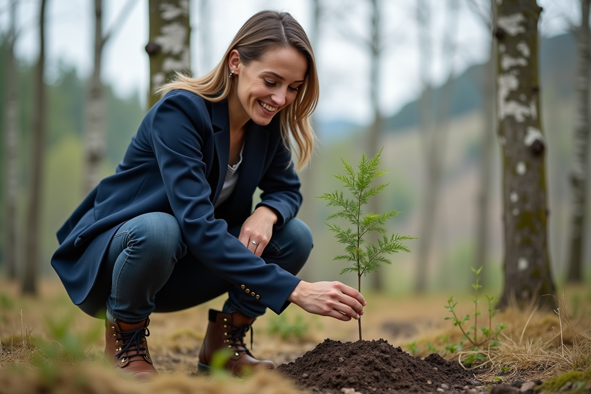 Femme inspectant un jeune arbre en forêt