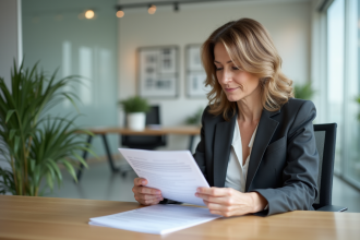 Femme en blazer examinant des documents de prêt immobilier