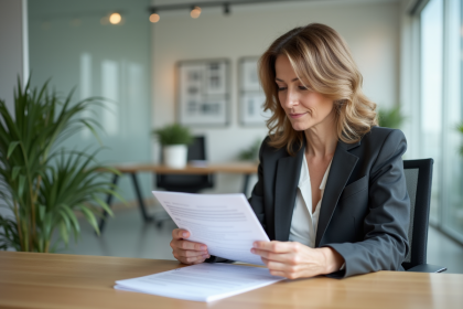Femme en blazer examinant des documents de prêt immobilier