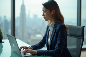 Femme en costume navy lors d'un appel vidéo en bureau moderne
