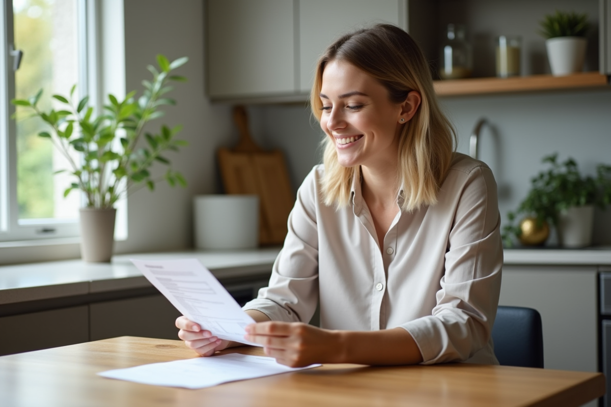 Jeune femme en blouse examine sa fiche de paie dans une cuisine moderne