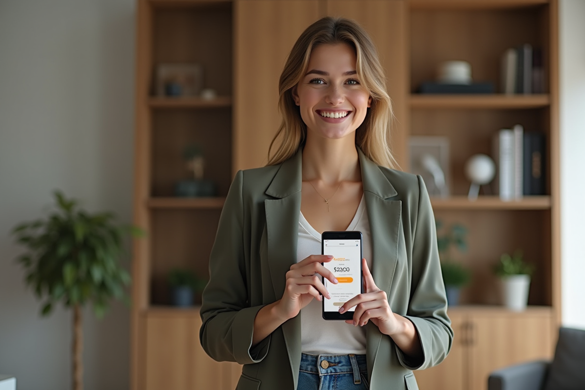 Jeune femme souriante tenant un smartphone avec portefeuille bitcoin