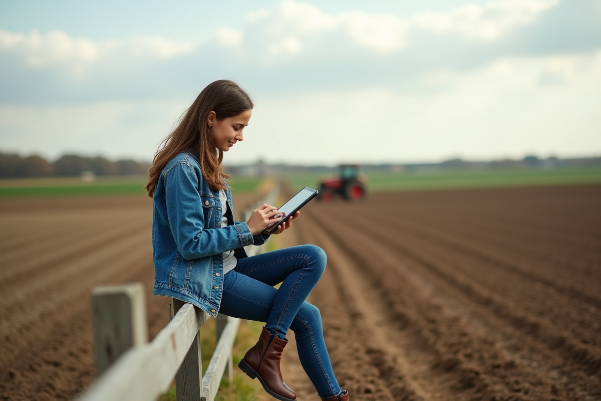 Jeune femme avec tablette dans un champ agricole