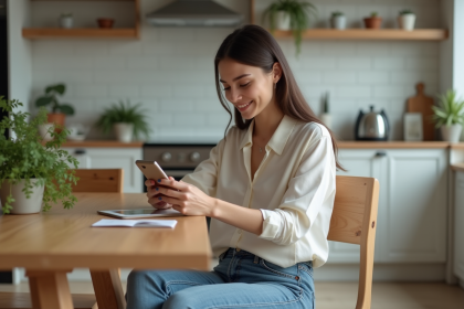 Jeune femme utilisant son smartphone pour transférer de l'argent dans une cuisine moderne