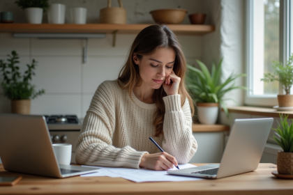Femme assise à la maison en train de remplir des papiers