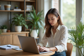 Femme professionnelle travaillant sur son ordinateur à la maison