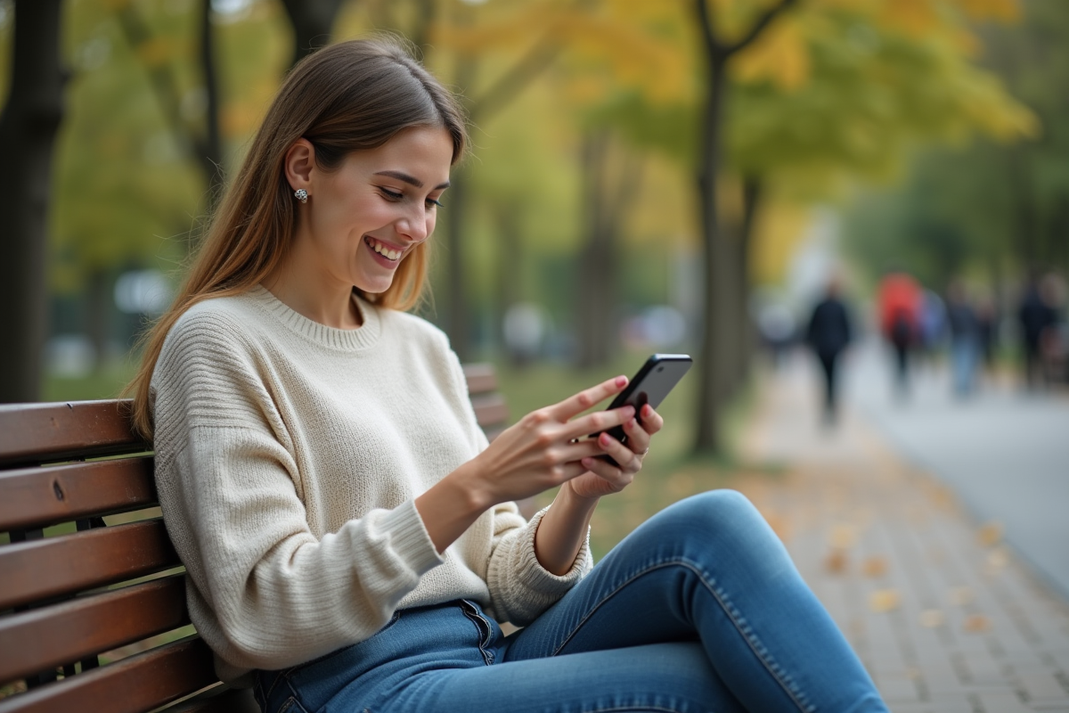 Femme utilisant une application financière sur smartphone dans un parc