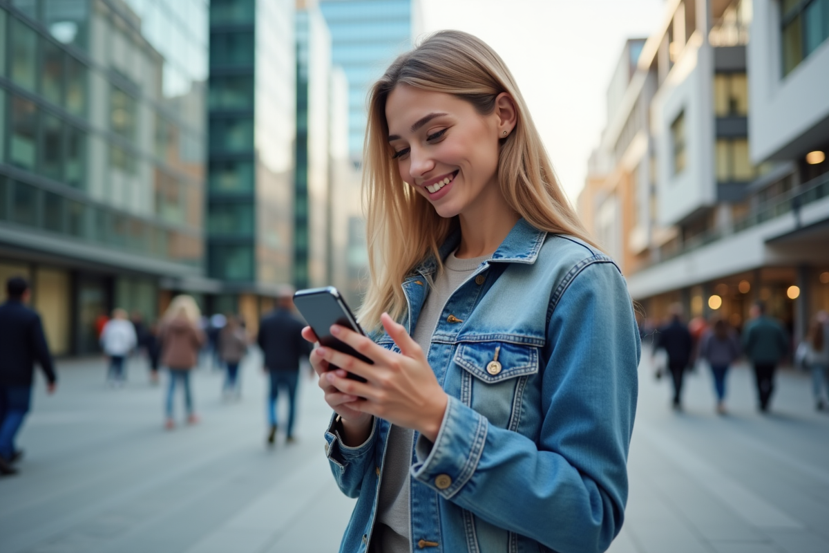Femme souriante vérifiant ses gains en cryptomonnaie en ville