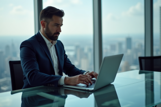 Homme d'affaires en costume analysant graphiques bourse et bitcoin