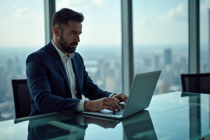 Homme d'affaires en costume analysant graphiques bourse et bitcoin