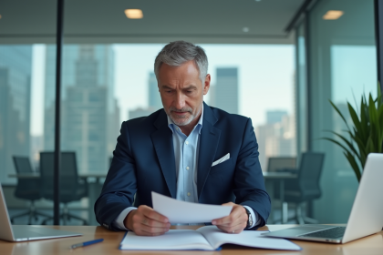 Homme d'affaires en costume bleu dans un bureau moderne