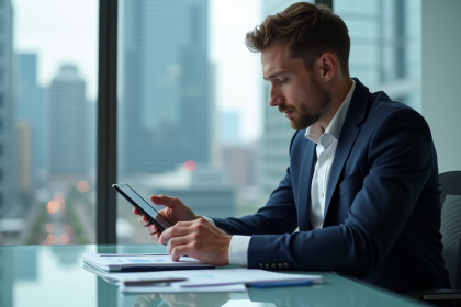 Jeune homme d'affaires en costume analysant des graphiques