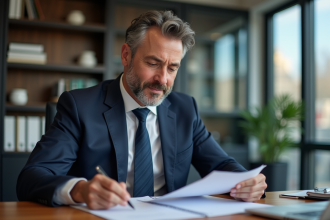 Homme d'affaires en costume bleu examine documents dans un bureau moderne