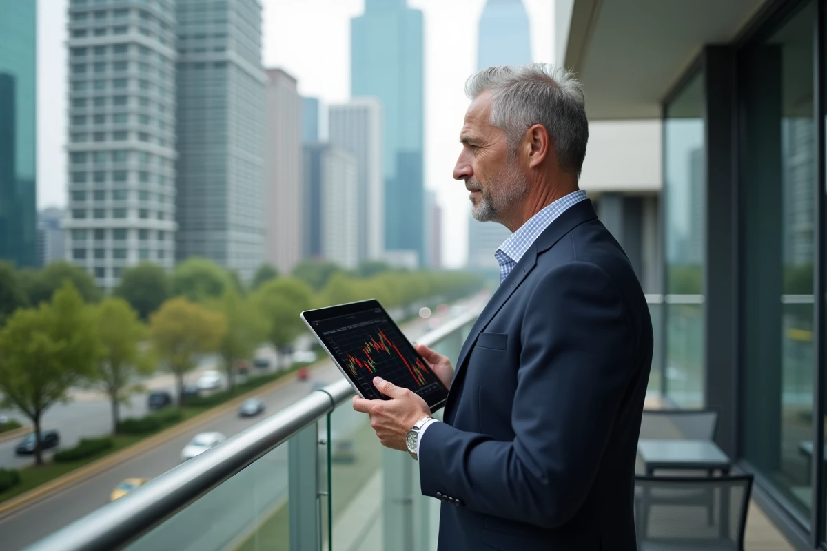 Homme d âge moyen observant la ville avec une tablette en main