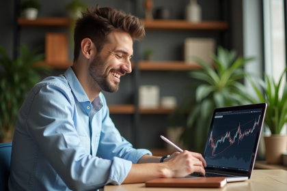 Homme confiant vérifiant Bitcoin sur son ordinateur dans un bureau