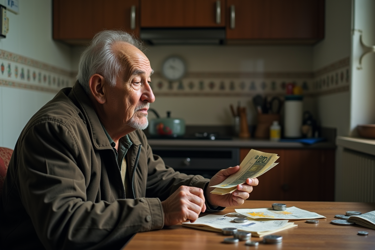 Homme âgé comptant des pièces dans une cuisine modeste
