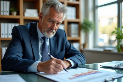 Homme d'âge moyen examine un graphique sur un relevé de retraite